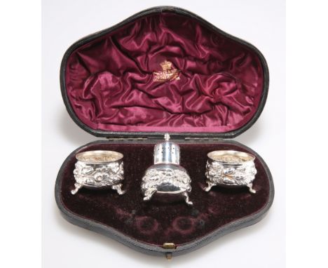 A&nbsp;CASED&nbsp;VICTORIAN SILVER CRUET SET, by Mappin &amp; Webb (John Newton Mappin), London 1892, each of squat form and 