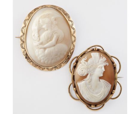 TWO 19TH CENTURY SHELL CAMEO BROOCHES, one depicting Hebe feeding the eagle of Zeus, in an engraved frame, marked '9CT', 6.7c