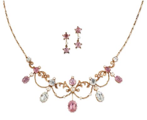 AN AQUAMARINE, PINK TOURMALINE AND PEARL NECKLACE AND EARRING SET, graduated aquamarine and pink tourmaline to knife-edge bar