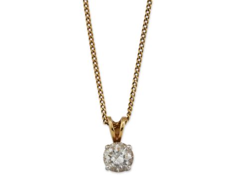 AN 18 CARAT GOLD SOLITAIRE DIAMOND PENDANT ON CHAIN, a round brilliant-cut diamond in a claw setting, to a split bail and a 9