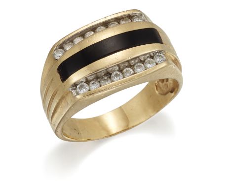 AN ENAMEL AND DIAMOND RING, channel set with two bands of round brilliant-cut diamonds spaced by a band of black enamel. Esti