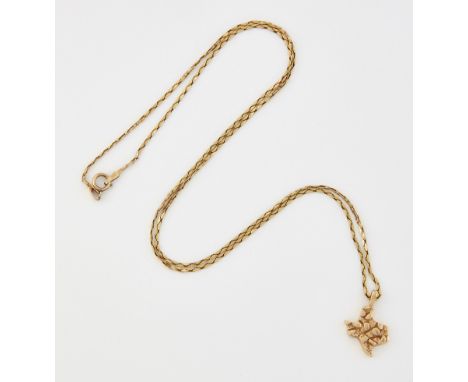 A TEXAS STATE PENDANT ON A FANCY LINK CHAIN. Pendant and chain marked '14K', pendant 2cm by 1.4cm, chain 5cm long, 5.5 gramsC