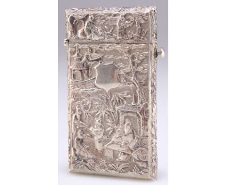 A CHINESE SILVER CARD CASE, by Cumshing, Canton, rectangular with hinged cover and push-button opening, chased with figures, 