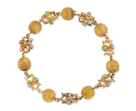 A TURQUOISE BRACELET, turquoise set openwork links alternating with textured ball links. 20cm long, 22.8 gramsCONDITION REPOR