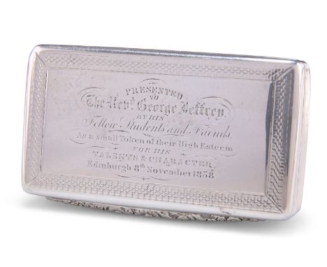 A WILLIAM IV SILVER SNUFF BOX,&nbsp;by Thomas Shaw, Birmingham 1836, rectangular, the hinged cover with foliate-form thumbpie