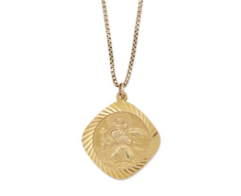 A 9 CARAT GOLD ST. CHRISTOPHER PENDANT ON BOX LINK CHAIN. Hallmarked London 1967, pendant 2.7cm diameter, chain 54.5cm long, 