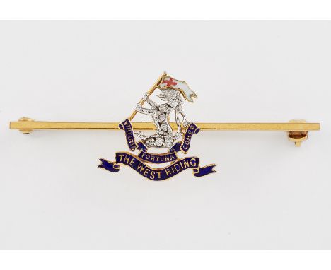 A 9 CARAT GOLD DUKE OF WELLINGTON’S REGIMENT WEST RIDING ENAMEL AND DIAMOND SWEETHEART BROOCH, set with eight-cut diamonds, t