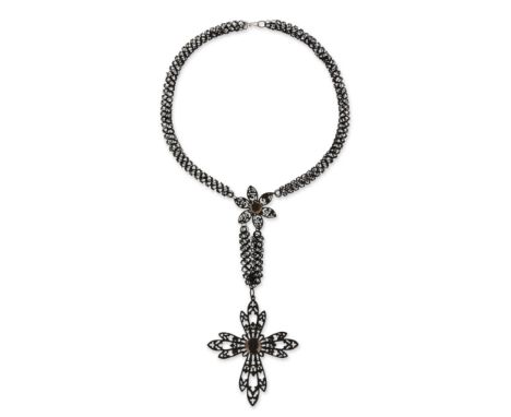 A BERLIN IRONWORK CROSS PENDANT NECKLACE, the finely pierced cross with central classical bust, suspended from a fancy belche