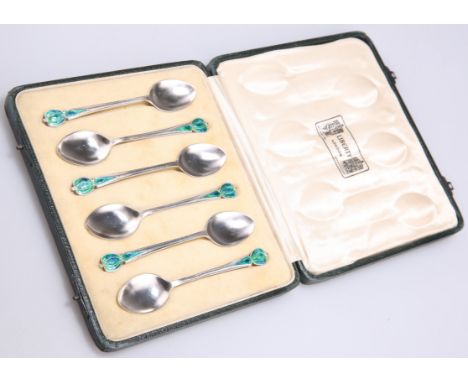 A SET OF SIX GEORGE VI SILVER AND ENAMEL COFFEE SPOONS,&nbsp;by&nbsp;Liberty &amp; Co Ltd, Birmingham 1947, each with green/t