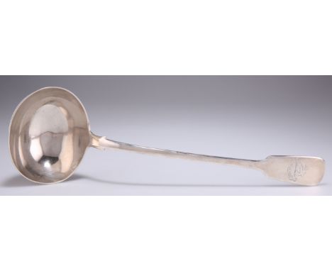 A VICTORIAN SILVER SOUP LADLE,&nbsp;by&nbsp;John Kilpatrick, London 1863, Fiddle pattern, engraved with a crest and motto 'I 
