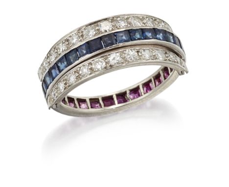 A RUBY, SAPPHIRE AND DIAMOND ETERNITY FLIP OVER RING, comprising two bands of eight-cut diamonds and a full band one half set
