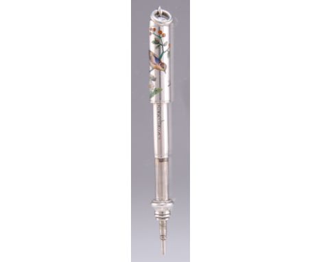 AN S. MORDAN &amp; CO SILVER AND ENAMEL PROPELLING PENCIL, no hallmarks but signed, enamelled with a bird and insect amidst b