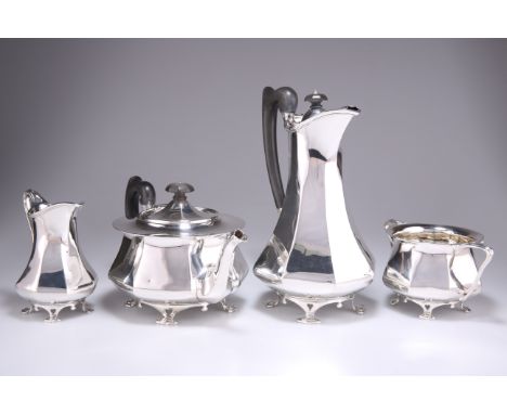 A GEORGE V SILVER FOUR-PIECE TEA SERVICE, the hot water pot, cream jug and sugar bowl by Charles Clement Pilling, London 1912