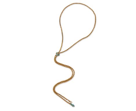 A FANCY GUARD CHAIN, a length of fancy belcher links tied by a turquoise set scroll slider, terminating in a turquoise set fi