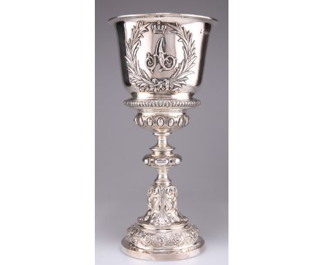 ROYAL INTEREST: A FINE VICTORIAN SILVER CHALICE, R & S Garrard & Co, London 1863, the trophy with stepped and high domed foot