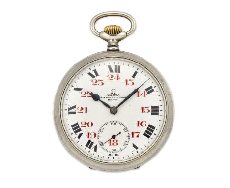 NICKEL PLATED OMEGA POCKET WATCH. Circular white enamel dial with blued steel hands, outer minute track, black roman index an