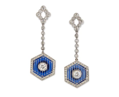 A PAIR OF PLIQUE A JOUR ENAMEL AND DIAMOND PENDANT EARRINGS, transitional round brilliant-cut diamonds to hexagonal grill fra