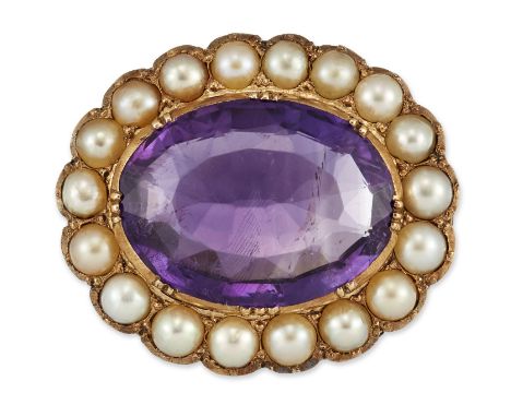 AN AMETHYST AND SPLIT PEARL BROOCH, an oval-cut amethyst within a border of split pearls. 2.5cm by 3cm, 10.4 gramsCONDITION R