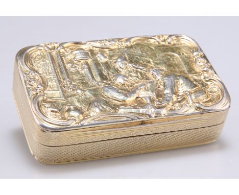 A GEORGE III SILVER-GILT SNUFF BOX,&nbsp;by John Linnit, London 1815,&nbsp;the cover chased with a vignette of figures gather