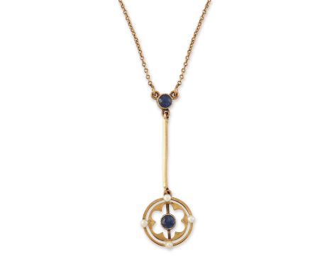 A SAPPHIRE AND SEED PEARL PENDANT NECKLACE, a round-cut sapphire within a circular knife-edge frame set with seed pearls, sus