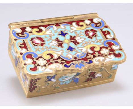 AN ENAMEL DECORATED STAMPS BOX, bears Faberge mark, rectangular with shaped hinged cover. 5.5cm wide, 75 grams