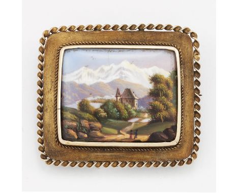 A 19TH CENTURY ENAMEL SOUVENIR&nbsp;BROOCH, the rectangular enamel plaque depicting Mont Blanc with a chateaux and figures, w