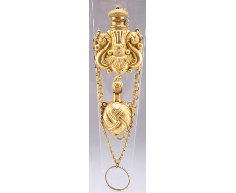 TWO 19TH CENTURY GILT-METAL SCENT FLASKS, each with suspension chain. (2) Larger 4.4cm high exc. chain