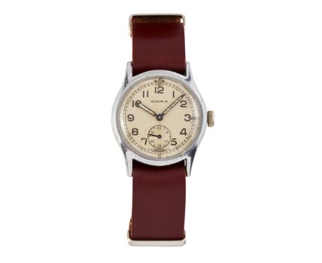 A MOERIS MILITARY ISSUE "ATP" WATCH. Circular white dial with outer minute track and arabic numerals signed Moeris, sub secon