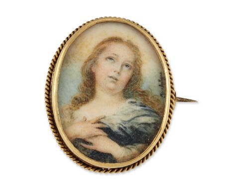 A 19TH CENTURY PORTRAIT MINIATURE BROOCH, painted depicting the Madonna, with eyes raised, signed 'Mare Anfigna', to a mother