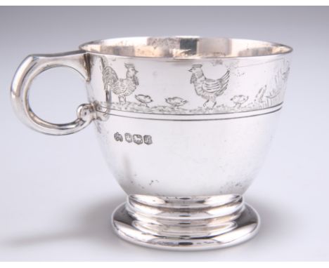 AN ELIZABETH II SILVER 'NURSERY' MUG, by Elkington & Co Ltd, Sheffield 1968, engraved with hens, chicks and ducks. 7.2cm high
