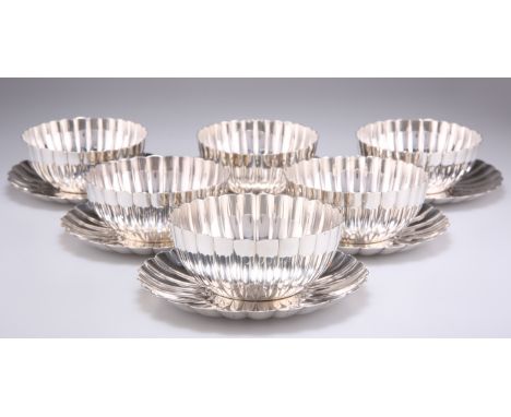 A SET OF SIX JAPANESE STERLING SILVER BOWLS AND SAUCERS , by Asahi Shoten, of fluted circular form, each stamped 'ASAHI STERL