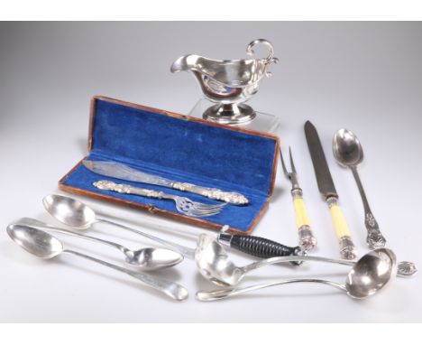 A GROUP OF SILVER-PLATE, including sauceboat, Victorian cased fish servers, soup ladles, etc; together with&nbsp;A LARGE QUAN