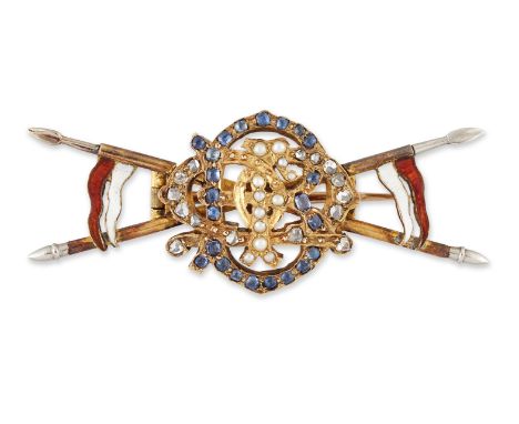 A SAPPHIRE, DIAMOND AND SEED PEARL LANCIERS SWEETHEART BROOCH, a gem-set monogram above crossed lances picket out in enamel. 