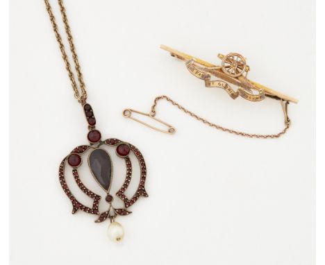 A ROYAL ARTILLERY SWEETHEART BROOCH, marked '9CT', 4.7cm long, 3.4 grams (a/f); and&nbsp;A BOHEMIAN GARNET AND PEARL PENDANT,