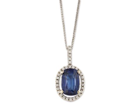 A SAPPHIRE AND DIAMOND CLUSTER PENDANT ON CHAIN, an oval-cut sapphire within a border of round brilliant-cut diamonds, to an 