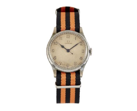 AN OMEGA FLEET AIR ARM ISSUE MILITARY WATCH. Circular white dial with blued steel hands and arabic index signed Omega, circul
