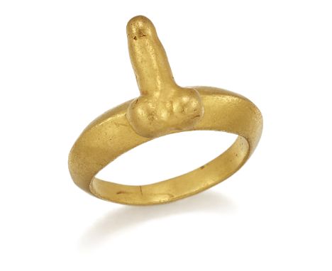 A RING, the front with applied phallus to a tapering angular shank. Ring size P, 13.6 gramsCONDITION REPORTLight surface wear