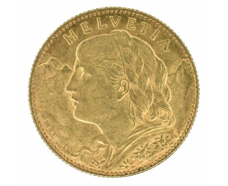 Switzerland, Helvetia, 10 Francs, 1911 B, gold coin. Switzerland, Helvetia, 10 Francs, 1911 B, A female head with plaited hai