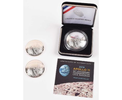 Three US 2019 Apollo II Silver Dollars (3). Three United States of America, One Dollar, Apollo 11 50th Anniversary Commemorat