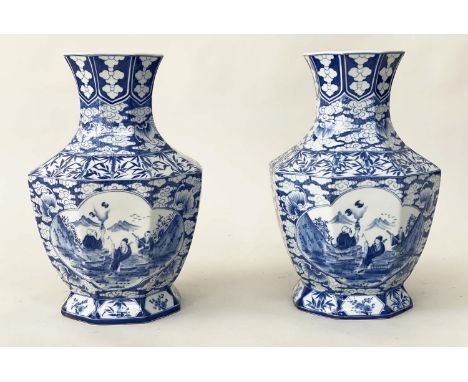 VASES, a pair, 42cm H, Chinese ceramic blue and white, of facetted vase form, decorated with 'musicians' in panels, by Maitla