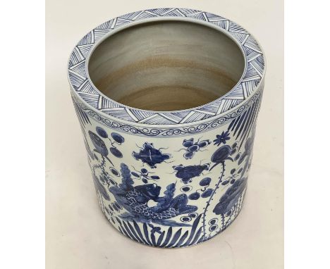 CARP JARDINIERE, large proportions Chinese blue and white ceramic cylinder form stylised underwater scene and geometric rim, 