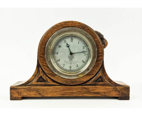 'MOUSEMAN' MANTEL CLOCK, 16cm H x 24cm x 6cm, circa 1930, oak and silver plated by Robert Thompson of Kilburn with Smiths MA 