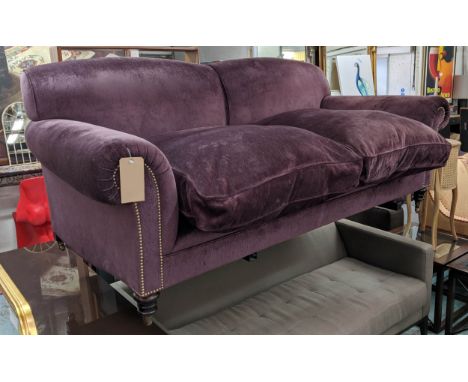 GEORGE SMITH SOFA, 211cm L x 78cm H with aubergine coloured upholstery. (bears plaque underneath). 