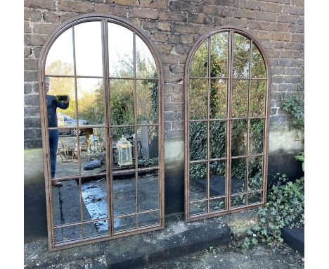 Architectural garden mirrors, pair, 170cm high, 90cm wide, arched metal frames (2) 