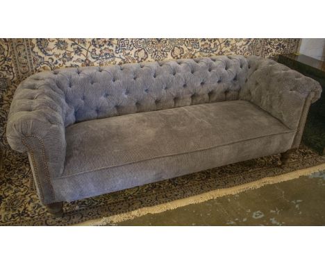 CHESTERFIELD SOFA, 72cm H x 205cm x 88cm, Victorian mahogany in grey chenille on ceramic castors. 