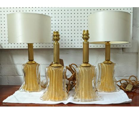 TABLE LAMPS, a set of four, vintage Murano glass 29cm H, vintage, two with shades. (4) 