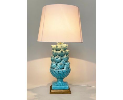 SPANISH LAMP, 83cm H with shade, soft blue ceramic, Casa Pupo style, pomegranates with swirl column and gilt base, labelled '