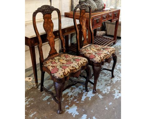 SIDE CHAIRS, a pair, 55cm W x 110cm H 18th century Dutch walnut and marquetry, circa 1720, each inlaid with a bird and flower