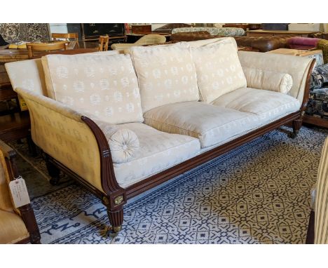 SOFA, 230cm x 96cm x 91cm H, regency style with cream upholstery with garland detail. 