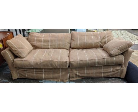 ANDREW MARTIN STYLE SOFA, two seater, large size, gold and white striped upholstery, feather filled, 65cm H x 250cm x 105cm. 